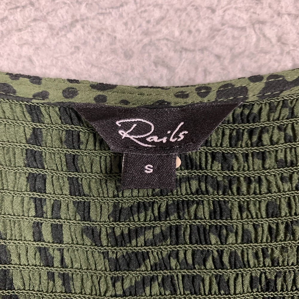 Rails Zana Mini Dress Size Small S Olive Mixed Animal Stripe Crepe Smocked Waist - Picture 3 of 11